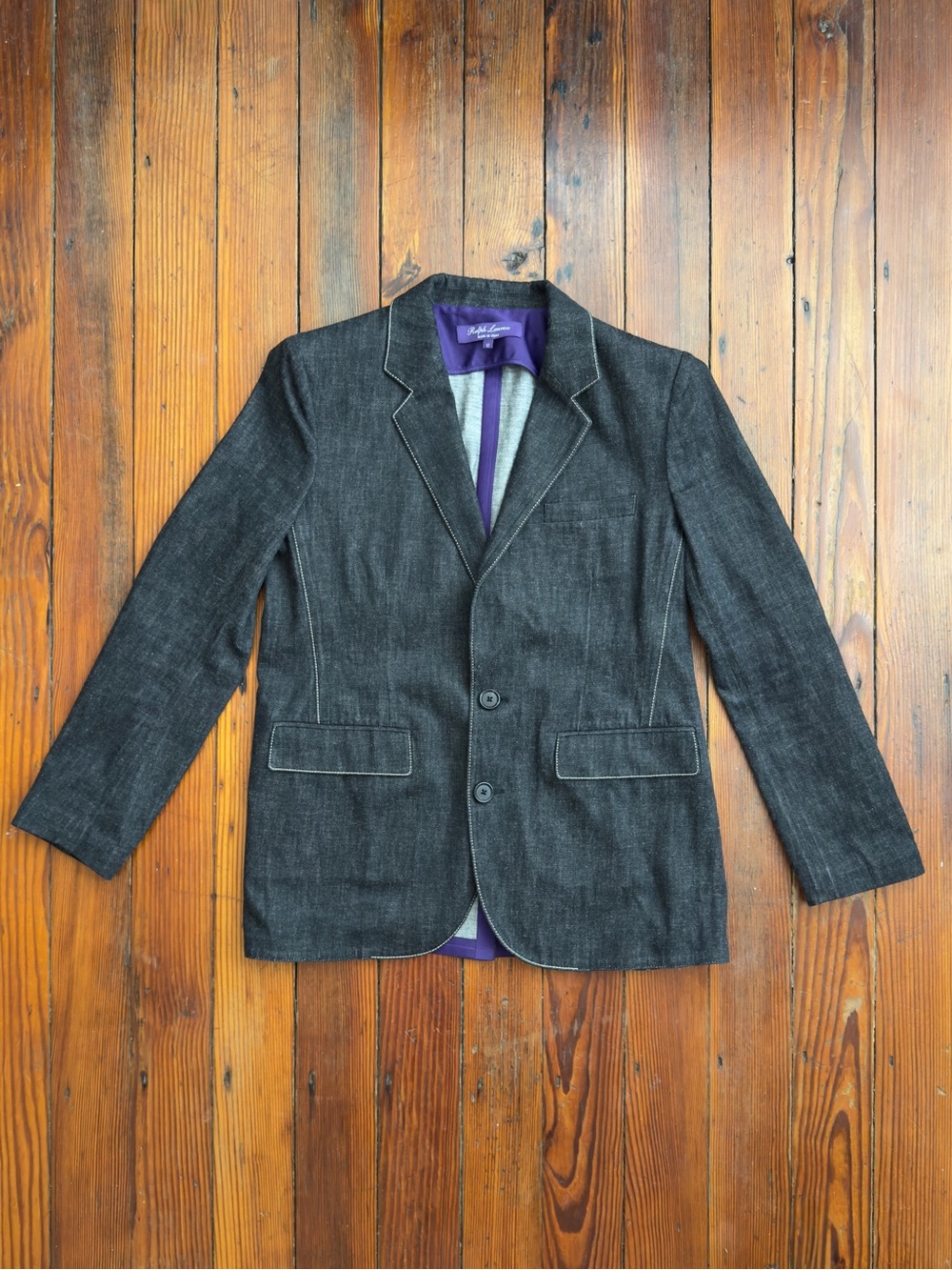 Ralph Lauren purple label cotton denim blazer jacket w leather under collar